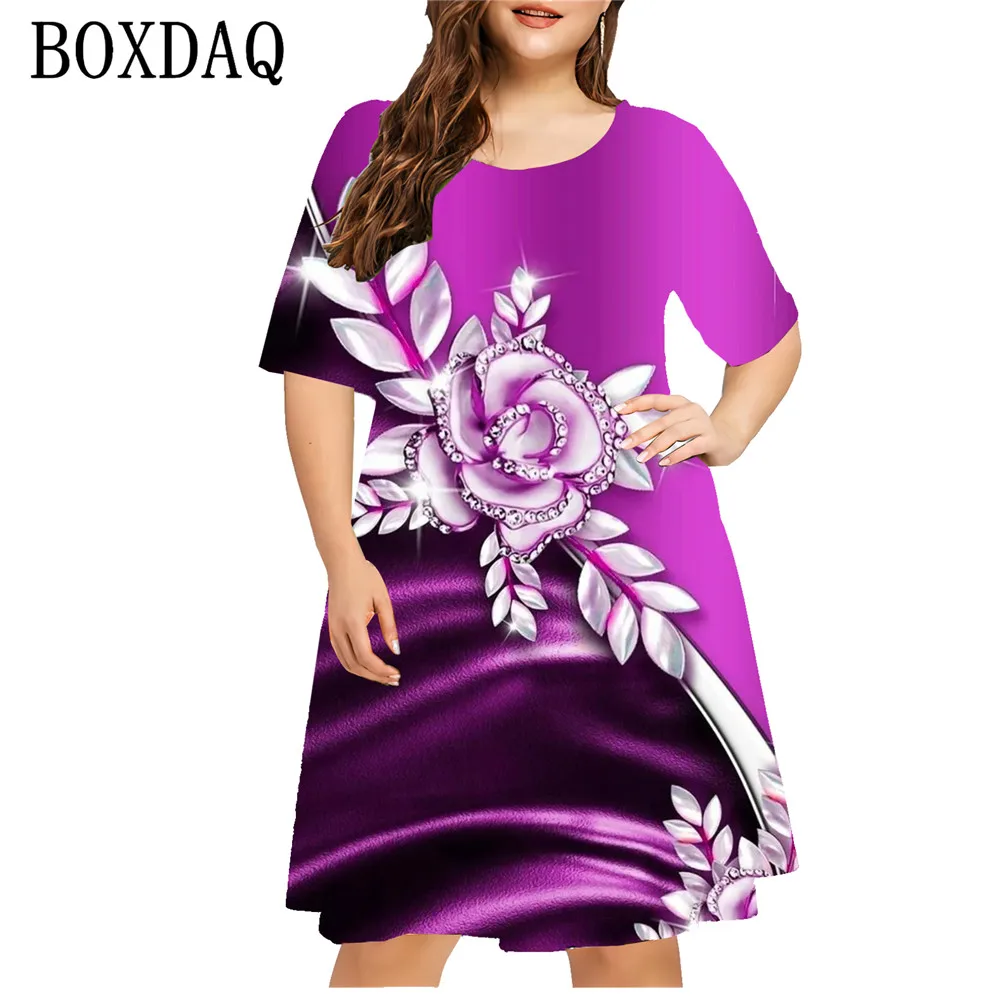 Plus Size Dress For Woman 2024 Summer Fashion O-Neck Short Sleeve Flower Print Casual Dress Loose Oversized Mini Dress Sundress