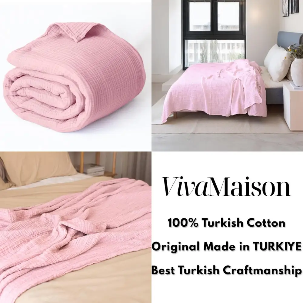 

Queen XL Size 95x102 Soft 100% Cotton Muslin Throw Blanket for Bed - Pink, Luxurious Turkish Cotton Bedding Extra Large