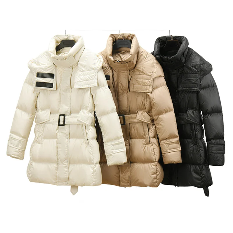 New Autumn Winter Women Hooded Thick Warm White Duck Down Parka with Belt Loose Zipper Pocket Long Down Coat Outwear