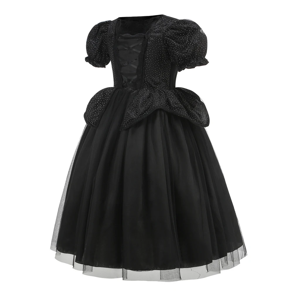 Halloween Costume Kids Girl Black Witch Long Dress Luxury Lace Sequin Evil Role Playing Outfit Ghost Bride Cosplay