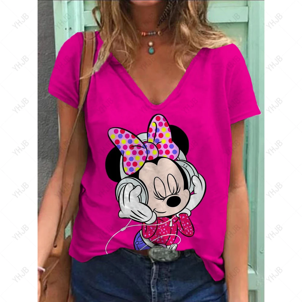 2025 صيف جديد ديزني ميني ماوس الكرتون طباعة تي شيرت السيدات الخامس الرقبة ثلاثية الأبعاد قمة فضفاضة تنفس ملابس عصرية غير رسمية