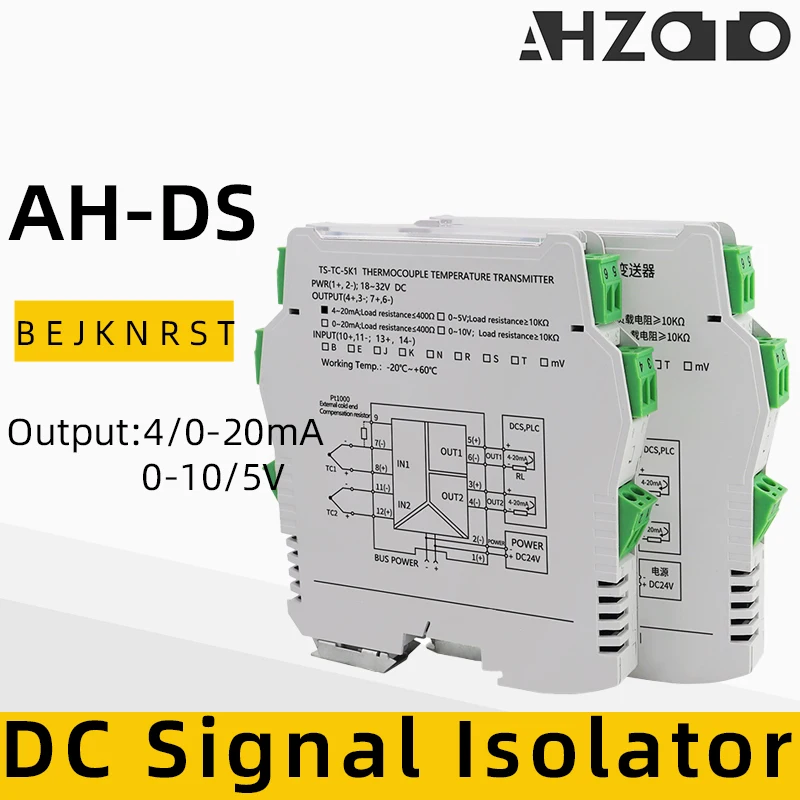 Conversor de isolamento de sinal de temperatura do par termoelétrico do trilho do ruído, transmissor RTD, K, B, E, J, R, S, T entrada, 4-20 mA, saída 0-10V, DC 24V