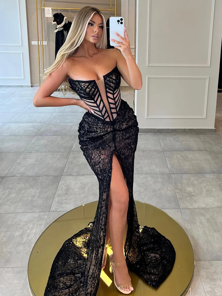 

Sexy Black Lace Party Dress: High Slit Strapless Fitted with Bones, Nude Mesh Floor Length Evening Gown Vestido