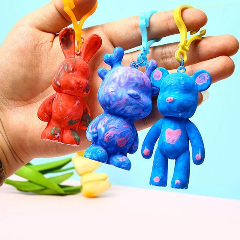 DIY Fluid Long-eared Rabbit Keychain Art Craft Handmade Diy Color Little Dragon Man Paint Painting Set Educational Toys Kid Gift