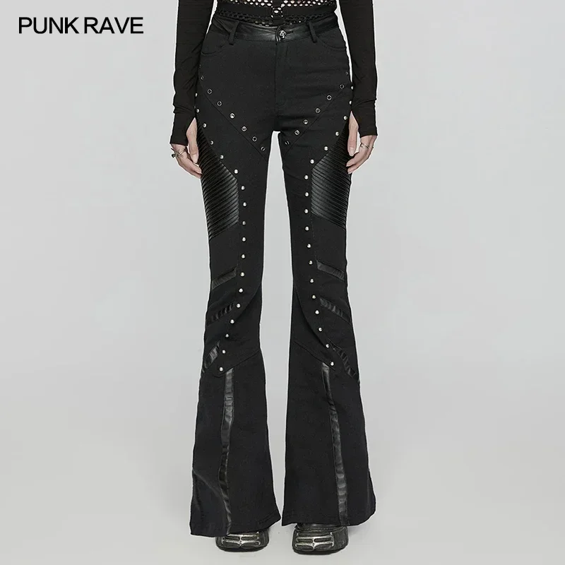 PUNK RAVE Women's Punk Eyelets Rivets Twill Street Flare Pants Handsome Cool Casual Panels Splicing Personalized Dark Trousers