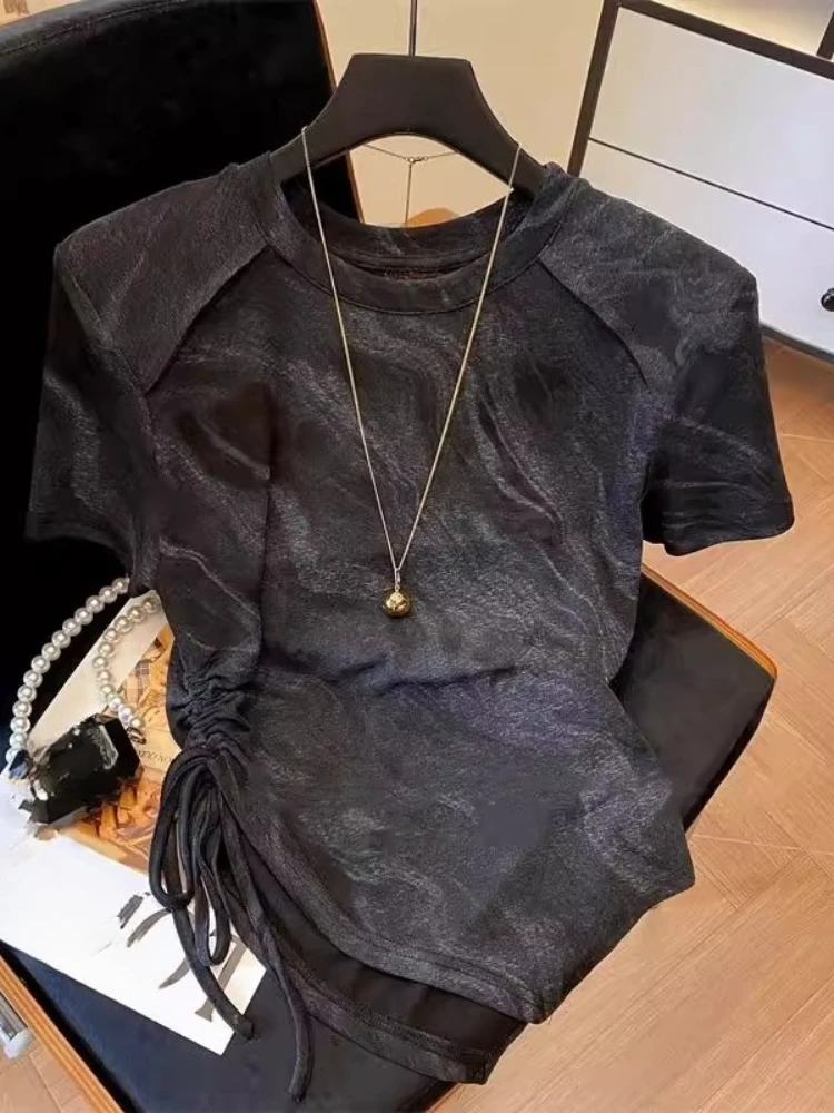 

Y2k Harajuku Vintage T Shirts O Neck Short Sleeve Tees Tie Dye Irregular Draw String Tops Summer Female Slim 2025 Women Clothing