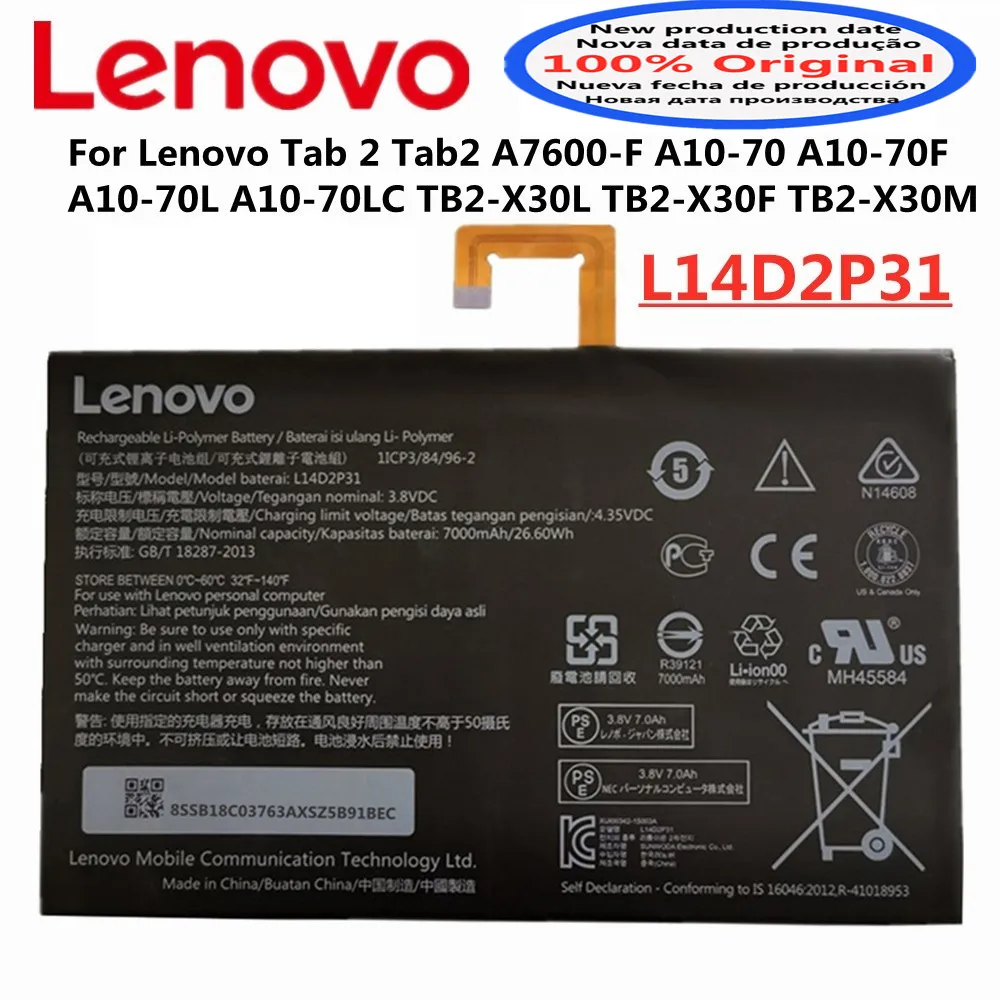 100% Original Tab 2 Battery L14D2P31 For Lenovo Tab 2 Tab2 A7600-F A10-70 A10-70F A10-70L A10-70LC TB2 X30L X30F X30M Battery