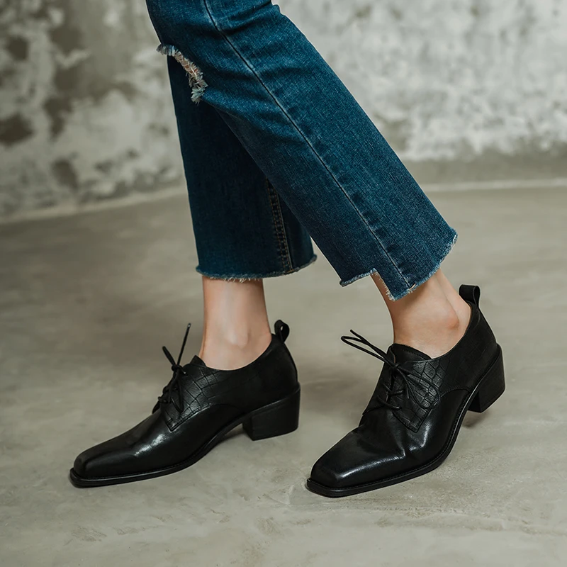 Womens Oxfords Block Heel Classic Shoes Handmade Quality Pumps Thick Heeld Footwear Lace-Up Spring Atumn Simple Pumps