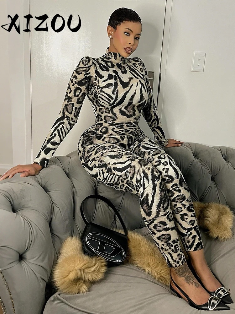 

XIZOU Fitness Jumpsuit Women Sexy Zip Leopard Print Full Sleeve Streetwear Activity Workout Casual Tight Stretch Overalls