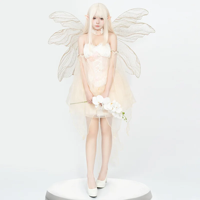 Abito da elfo a farfalla cosplay Abito da donna con top a tubo con giunture in rete senza schienale skinny in vita cosplay