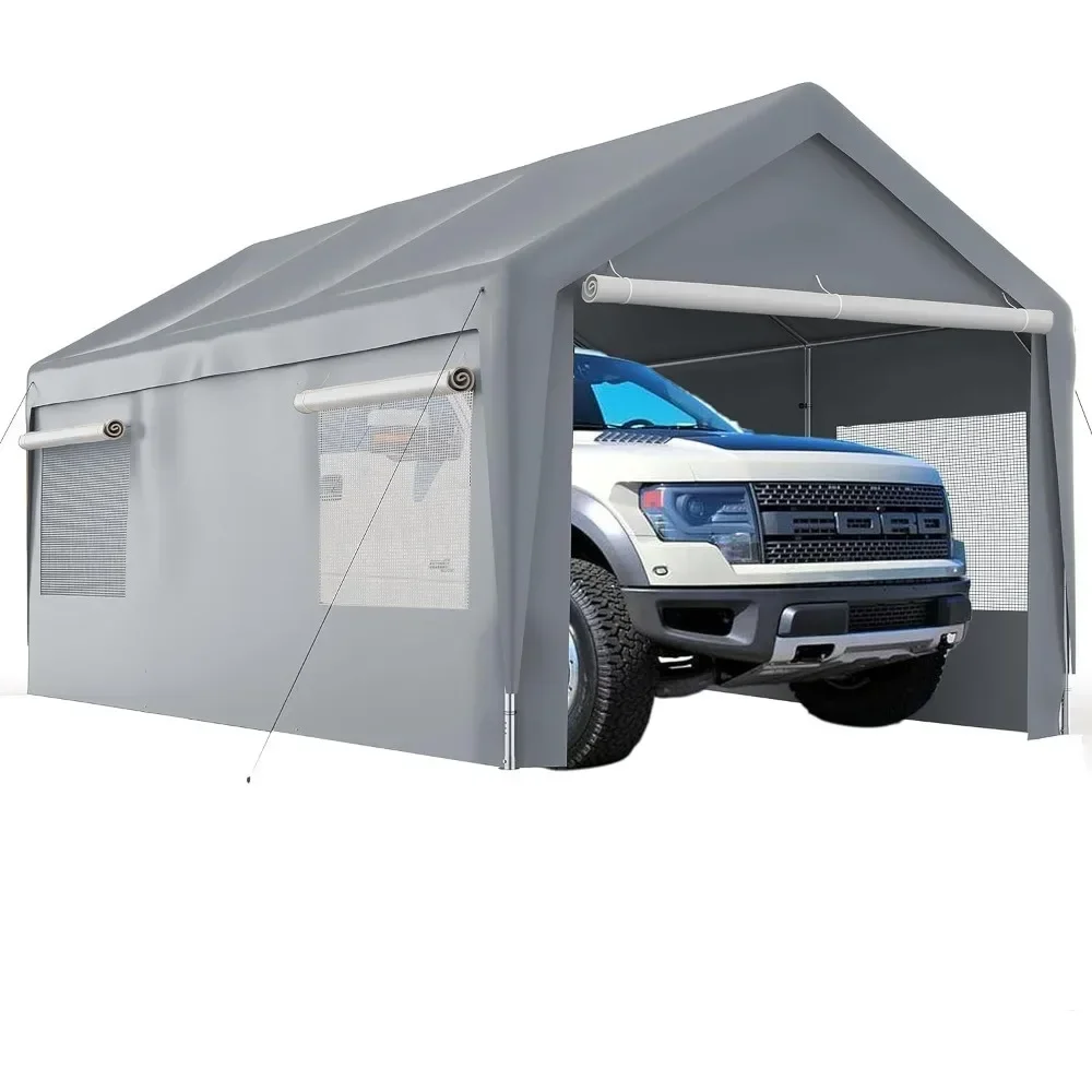 10x20ft Carport Garage with Mesh Windows, Removable Sidewalls, UV Resistant Waterproof All-Season Tarp, Portable Carport Garage