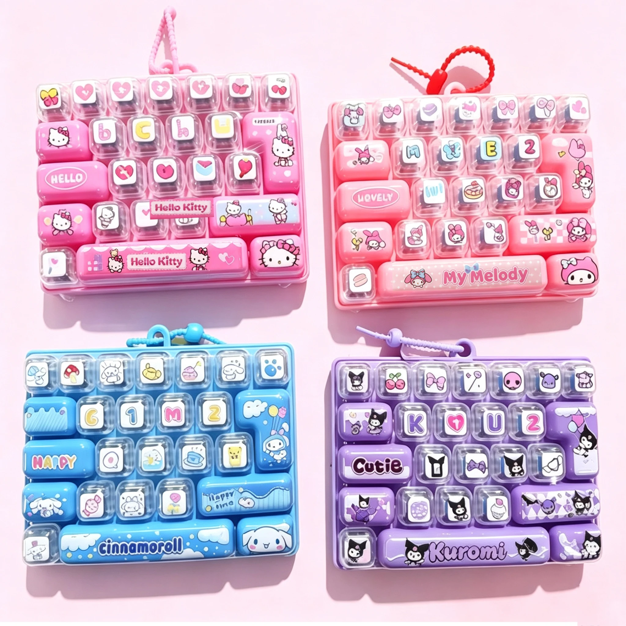 26구 키캡 키 Sanrio 26‑Key Fidget Keyboard Keychain Set Hello Kitty Kuromi My Melody Stress Relief Press Button Toy Bag Charm Gift
