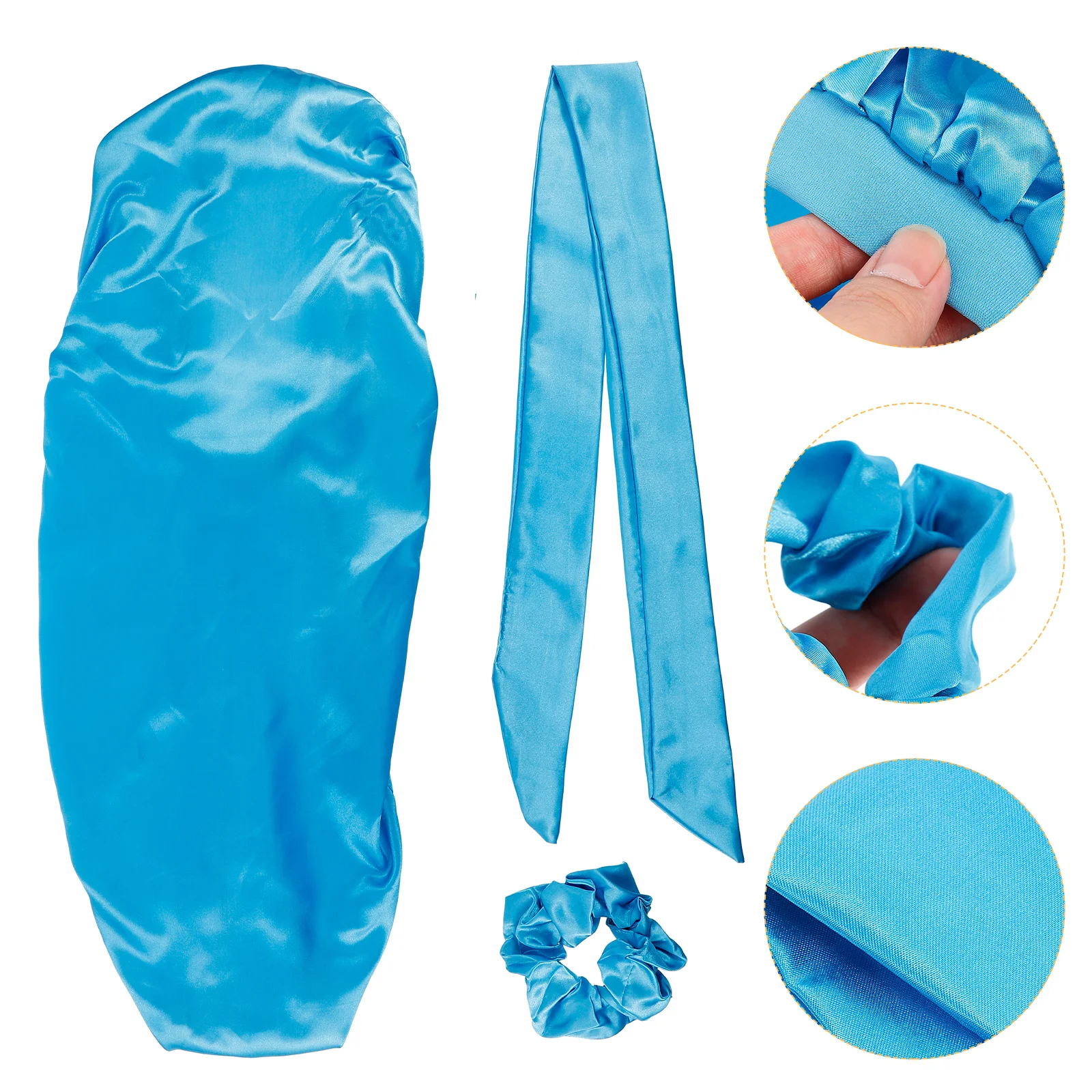 

1 set Satin Sleep Bonnet Three Piece Turban Cap Night Hair Care Women Sky Blue Bathing Accessories Elastic Band Long Bonnets