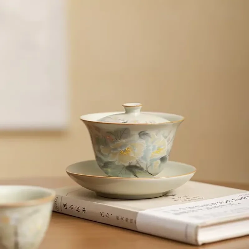 Secret Yellow Camellia Sancai Cover Bowl Single Retro Tea Bowl Kung Fu Tea Furniture Household Ceramics Not Hot Tea Cup Teaware