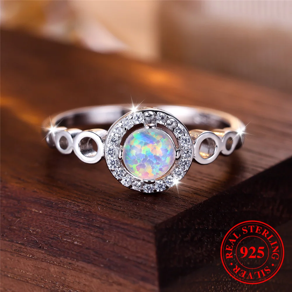 Cute Female Natural White Fire Opal Stone Round Ring Real 925 Sterling Silver Wedding Jewelry For Women