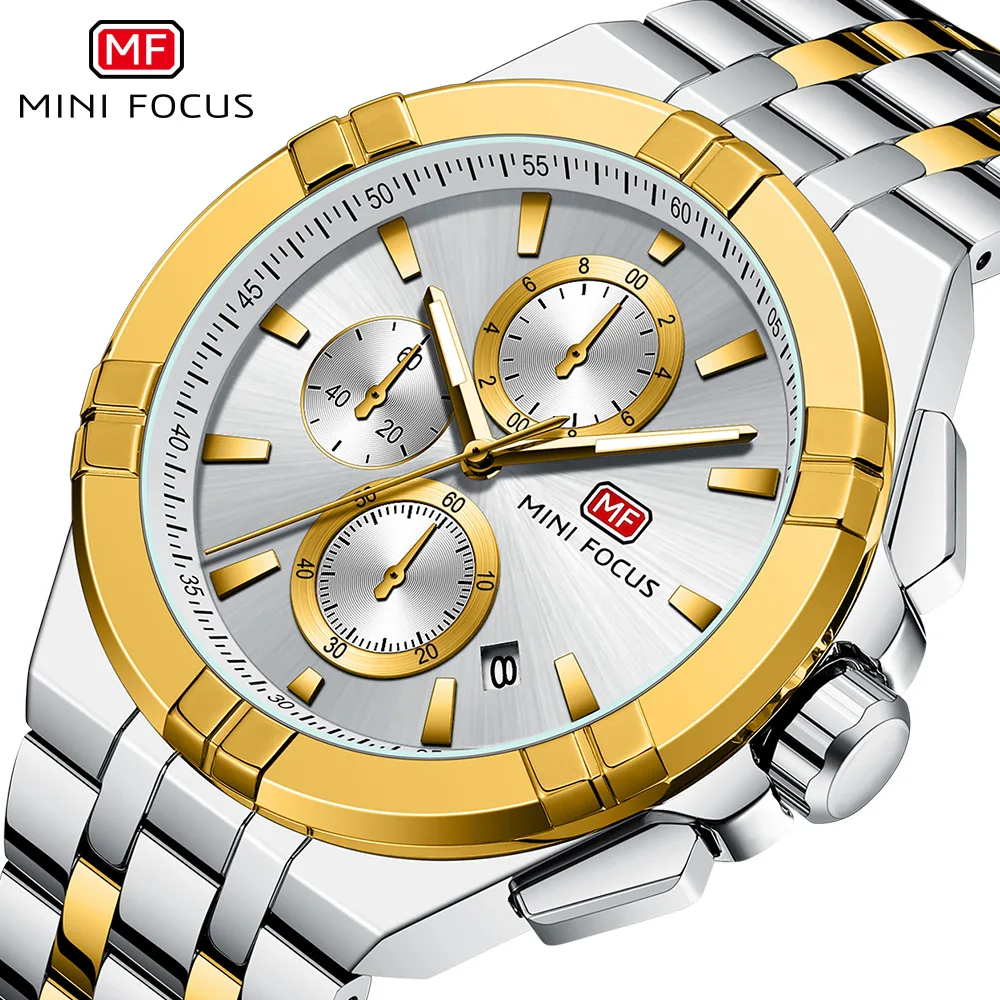 MINI FOCUS 0471 Men Quartz Watch Silvery Gold Stainless Steel Chronograph Date Luminous Waterproof Wristwatch for Male