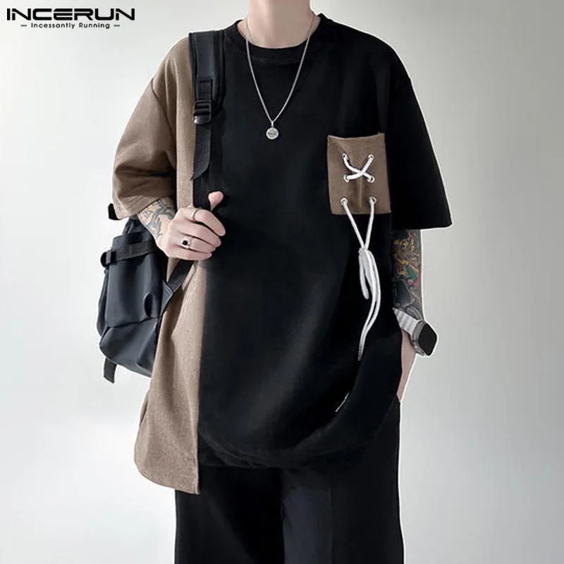 INCERUN Men T Shirt Patchwork O-neck Short Sleeve Lace Up Casual Tee Tops Korean Streetwear Summer 2024 Fashion Men Clothing