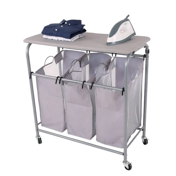

Classic Rolling Laundry Sorter Cart Heavy Duty 3 Bags Laundry Hamper Sorter With Ironing Board