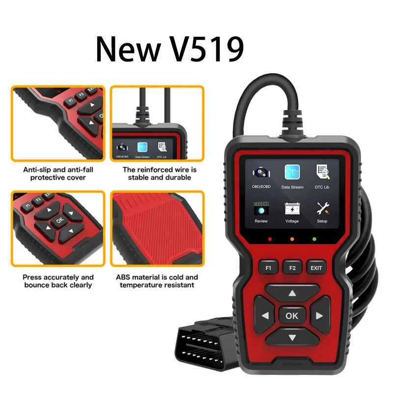 V519 OBD2 professional mechanical tool diagnostic code reader is used to clear fault codes and query battery voltage data