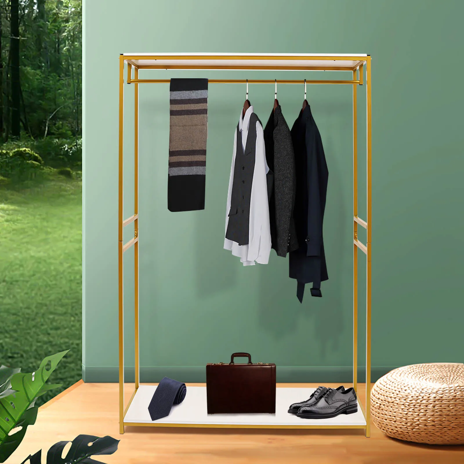 

Gold Clothing Rack with Wood Shelf, Modern Design for Displaying Clothes in Boutiques, Fashion Shows, and Homes