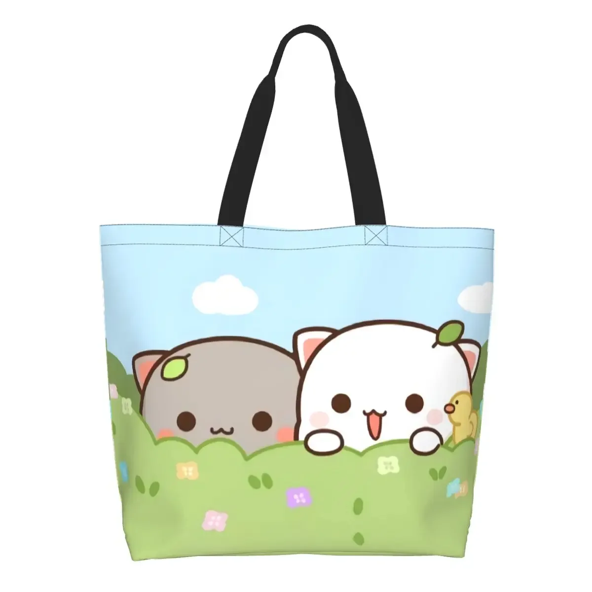 Kawaii Print Peach And Goma Shopping Tote Bags Portable Canvas Shopper Shoulder Cartoon Mochi Cat Handbag