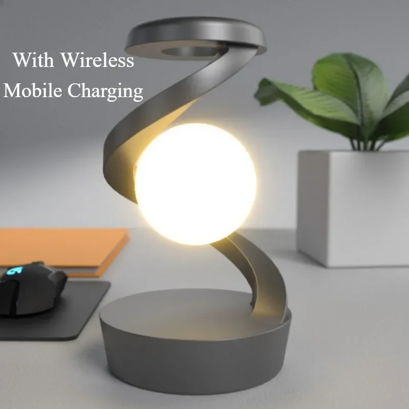 LED Moon Mood Light Suspended Rotating RGB Atmosphere Desk Lamp with Wireless Mobile Charging Bedroom Game Room Decorative Light