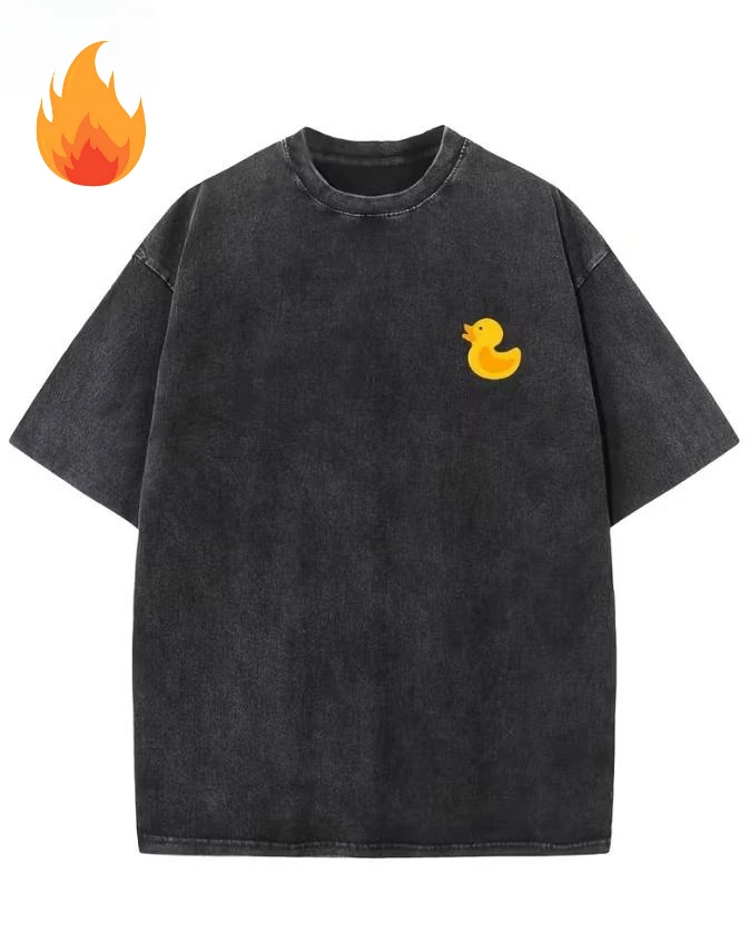 Unisex Vintage Washed Cotton T Shirt Cute Yellow Rubber Duck Graphic Short Sleeve Round Neck Loose Drop Shoulder Streetwear Casual Top
