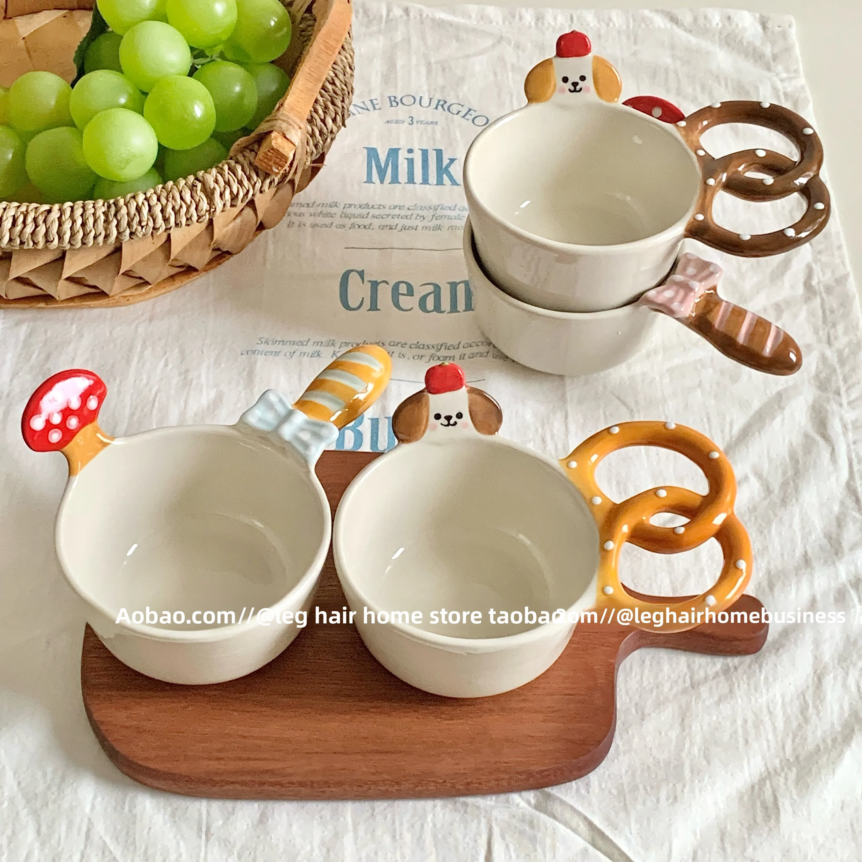 Cute Hand Drawn Creative Alkaline Water Bread Handle Ceramic Bowl Children's Underglaze Color Cereal Dessert Bowl