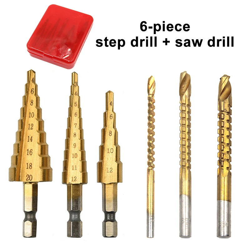 Pagoda Step Drill Set 3-12/4-12/4-20 Hexagonal Straight Groove Center Punch Hole Saw Drill Woodworking DIY Tools 3/6/8mm