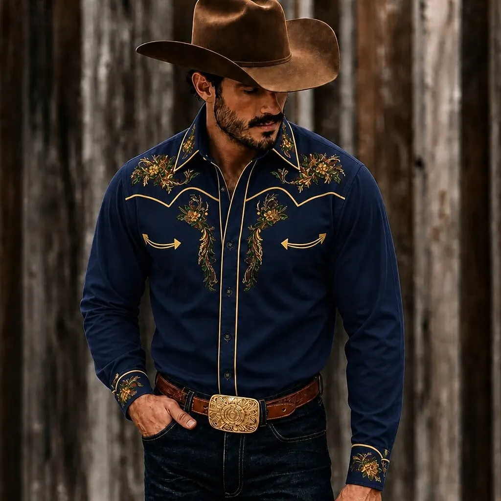 Men Long Sleeve Western Shirt Red Floral Embroidery Style Print Button Down Shirt
