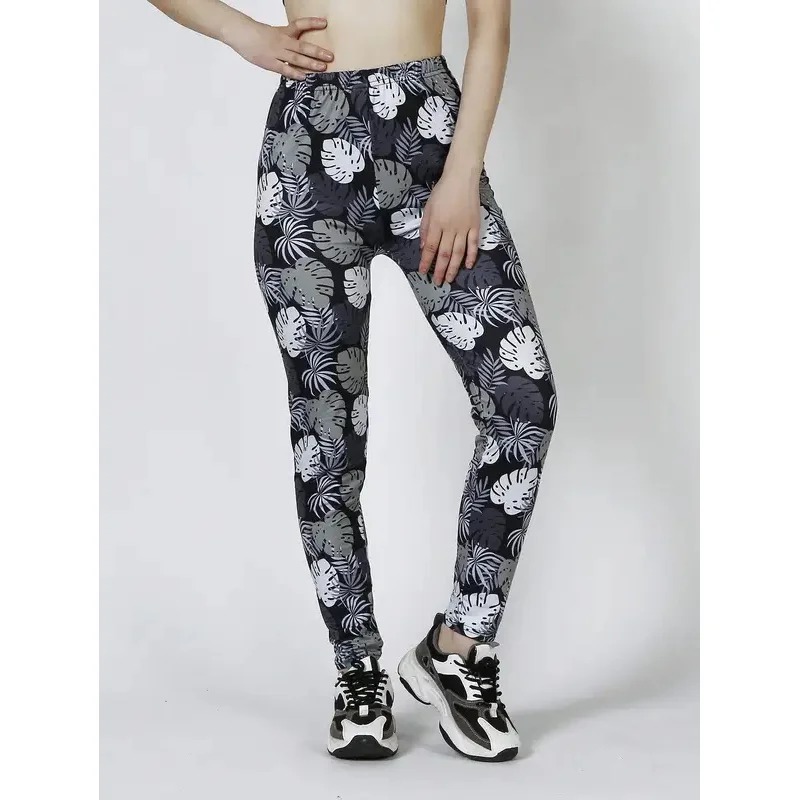 Plant Leaf Print Cropped Pants Casual Sports Leggings High Stretch Yoga Pants Gym Training Pants Outdoor Cycling Leggings