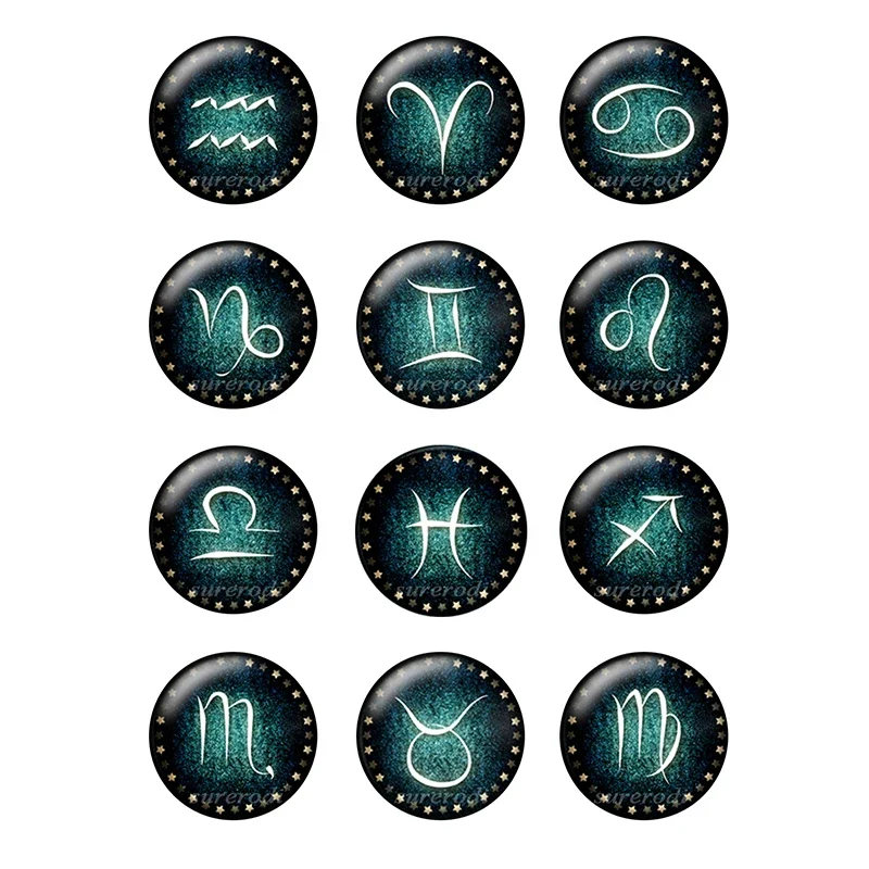 12 sztuk znaki zodiaku okrągłe kaboszony 12 konstelacji 8mm do 25mm szklane kaboszony Demo płaski tył dokonywanie ustaleń hurtownia T018