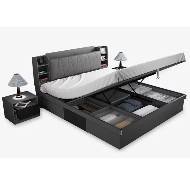 

Wooden Modern Set Hydraulic Lift Bedroom Furniture Queen Frame Bed with Drawer Storage