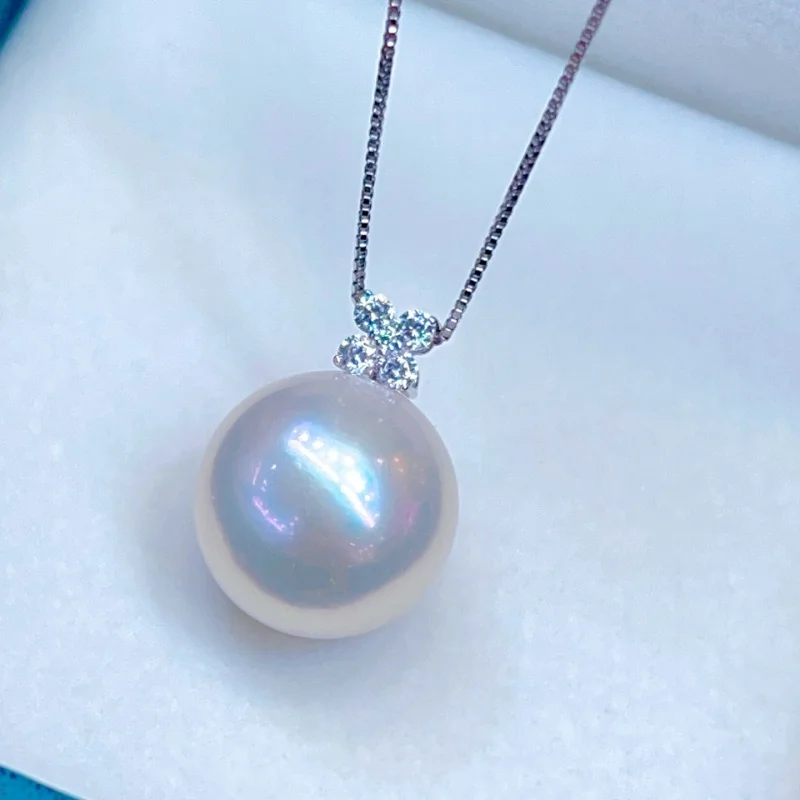 

SGARIT Natural Seawater pearl White pearl Pendant 18K Gold Diamond Inlay 13-14mm Women Circle Jewelry