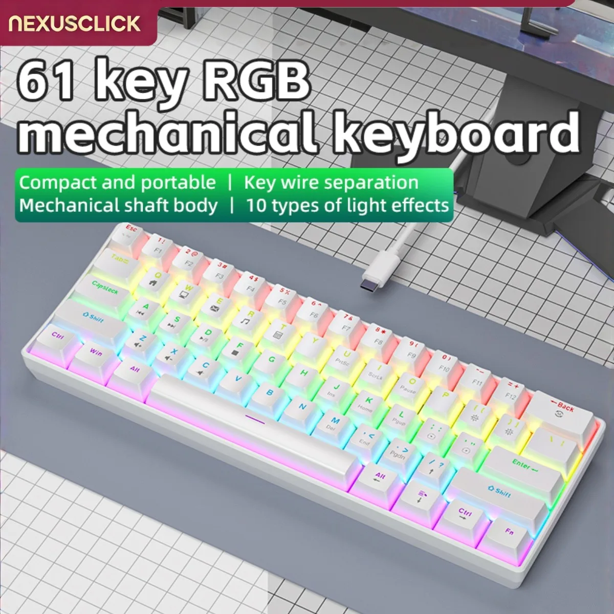 NexusClick 60% Compact Wired Mechanical Keyboard,Type‑C Plug‑Play RGB Backlit 10 Lighting Modes Keycaps Portable Gaming Keyboard