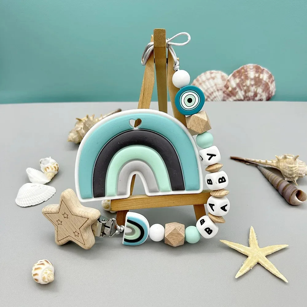 JoTeWindsor-Clips de sucette arc-en-ciel personnalisés pour bébé, nom de lettre, laisse à mâcher pour bébé, supports en os, cadeaux créatifs