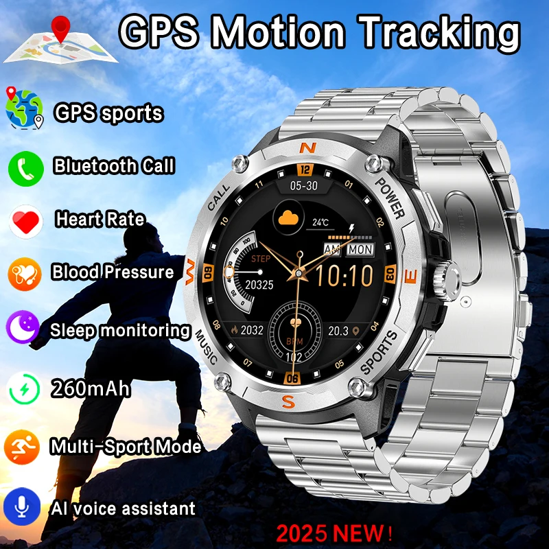 

1,43-дюймовый AMOLED-экран, умные часы, GPS-трек движения, 100 спортивных режимов, голосовой помощник с искусственным интеллектом, Bluetooth-вызов, погода, умные часы для мужчин