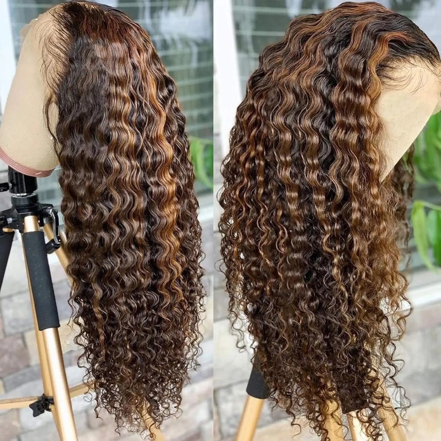 Bly Highlight Human Hair Lace Front Wigs Deep Wave #4/27 Ombre Colored Glueless Wigs Pre Plucked 16 Inch 4X4 Transparent Curly