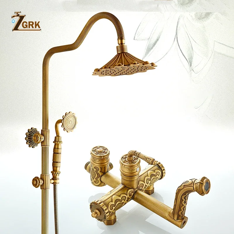 zgrk antique brass bath shower system grupo torneira do banheiro chuva com cabeca de pulverizacao europa bronze tap 01