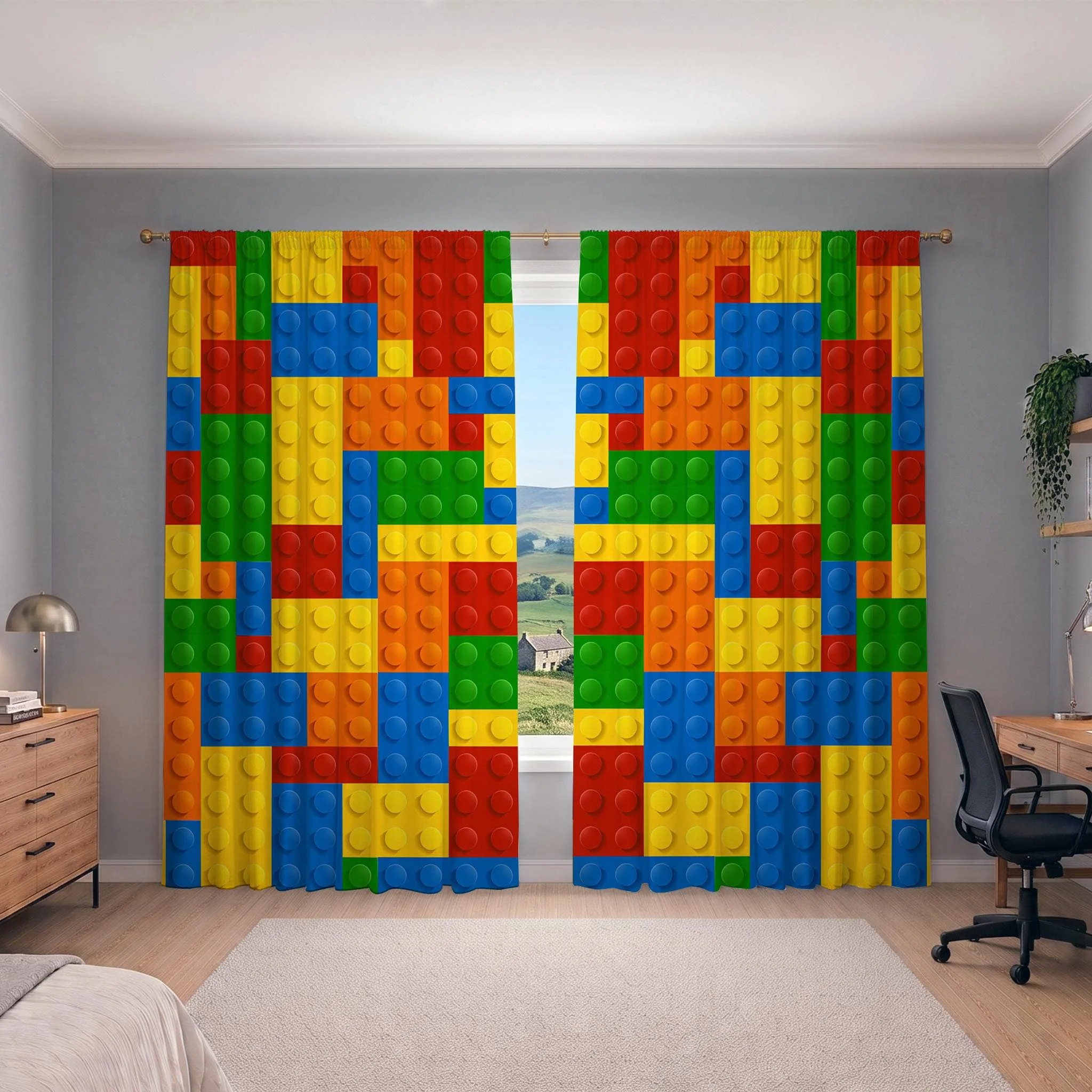Vibrant Colorful Building Blocks Pattern Curtain for Home Decor Living Room Window Treatment