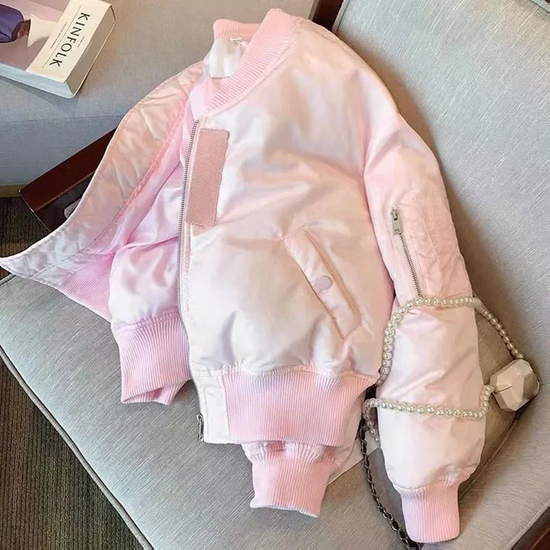 Vrouwen Herfst Winter Losse Katoenen Gewatteerde Bomberjas Koreaanse Zoete Korte Parka Uitloper Roze Dikker Warme Honkbal Uniform Jas