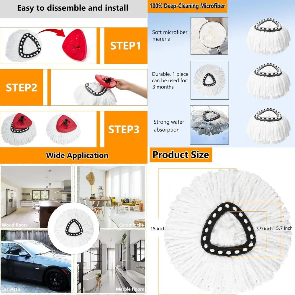 

Microfiber Spin Mop Heads - 12 Pack Replacements for Triangle Mops, Easywring 1-Tank, 360° Spin, Ideal for Floor Cleaning
