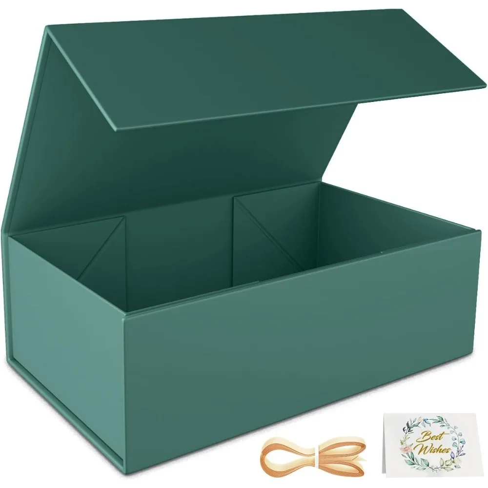 Green Gift Box with Magnetic Closure Collapsible Rectangle Present Box for Bridesmaid Proposal Wedding Christmas Halloween Birthday Gift Packaging 9.5x6x3 Inches - view 2