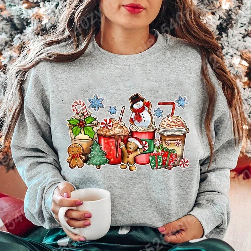 Festive Christmas Beverage Print Casual Fashion Women\'s Long Sleeve Crew Neck Sweatshirt Vintage Style Holiday Top for Ladies