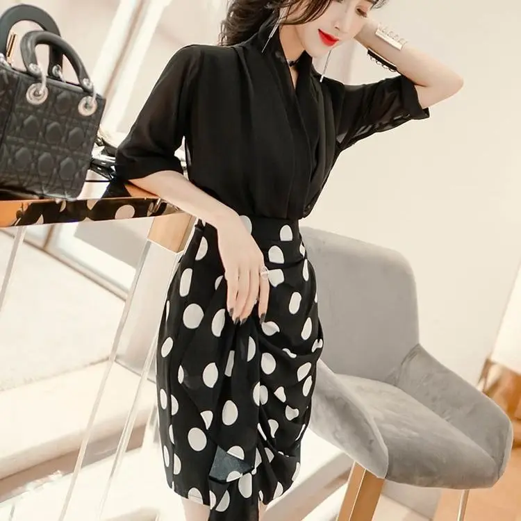 Godin Stijl Tweedelige Hoge Taille Polka Dot Onregelmatige Rok Vrouwen Mesh Rode Temperament V-hals Chiffon Top set