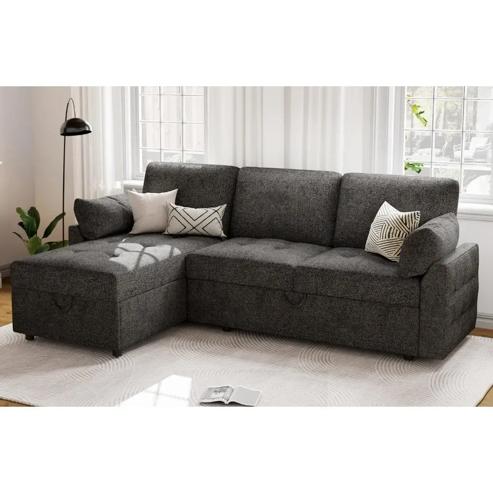 XMSJ Sofa Bed Pull Out Convertible Sleeper with Storage Chaise,Tufted Sectional Couch for Living Room Dark Grey Sofa