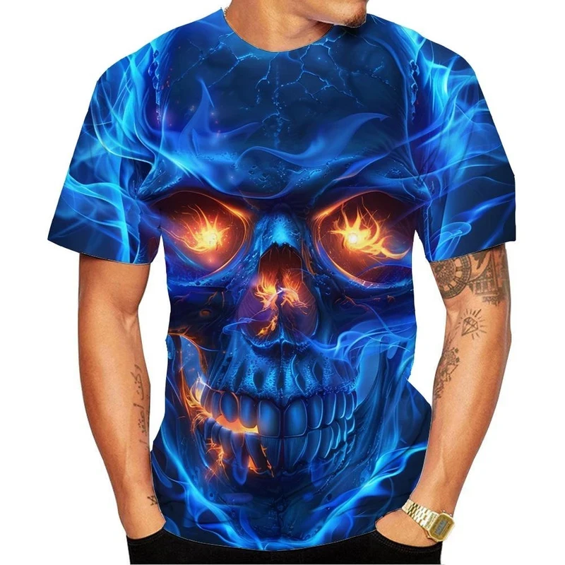 Men Cool Blue Flame Skull 3D All Over Print T-Shirt Crew Neck Short Sleeve Gothic Punk Streetwear Hip Hop Fashion Casual Tops Te