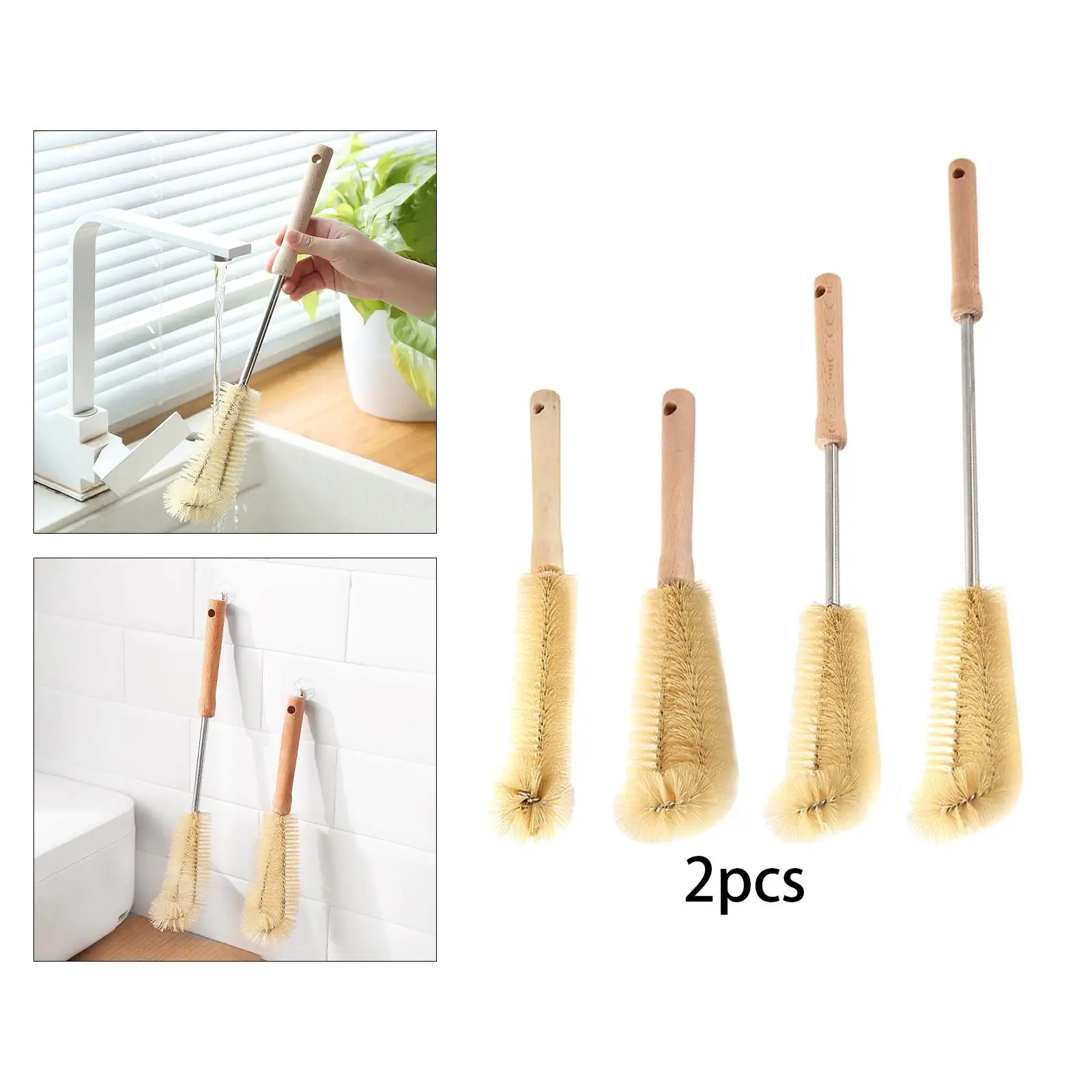 Cepillo de limpieza de botellas multifunción, mango de madera para Tae Jurs, 2 piezas