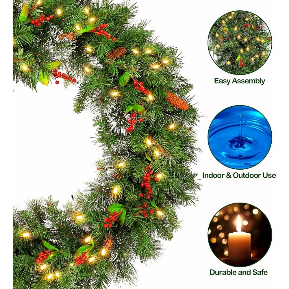 Artificial Christmas Wreath with 150 Warm White LED Lights, 289 Branch Tips, Battery Operated, 36 Inches, Wintry Pine Style