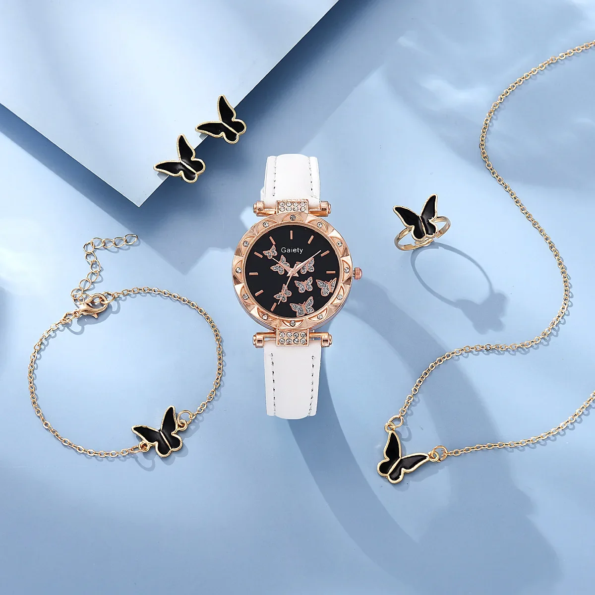 Butterfly Women's Watches Ring Necklace Earrings Bracelet Set Watches Butterfly Leather Strap Ladies Quartz WristWatch (No Box)